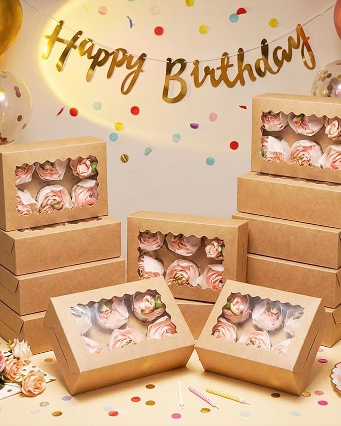 qiqee Auto-pop Up Cupcake Boxes with Window Brown 100PCS 6 Count Cupcake Box 9.4"x6.1"x3" Cupcakes Carrier, 6 Cupcake Containers - Image 8