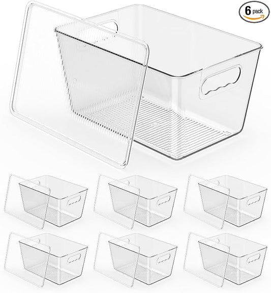 Clear Fridge Organizer with Handles & Lids, 6 Pack Large 11.5×7.5×6 Inch | Stackable Clear storage bins with handles, food organizer basket for kitchen, fridge, freezer by KJIXYUNG