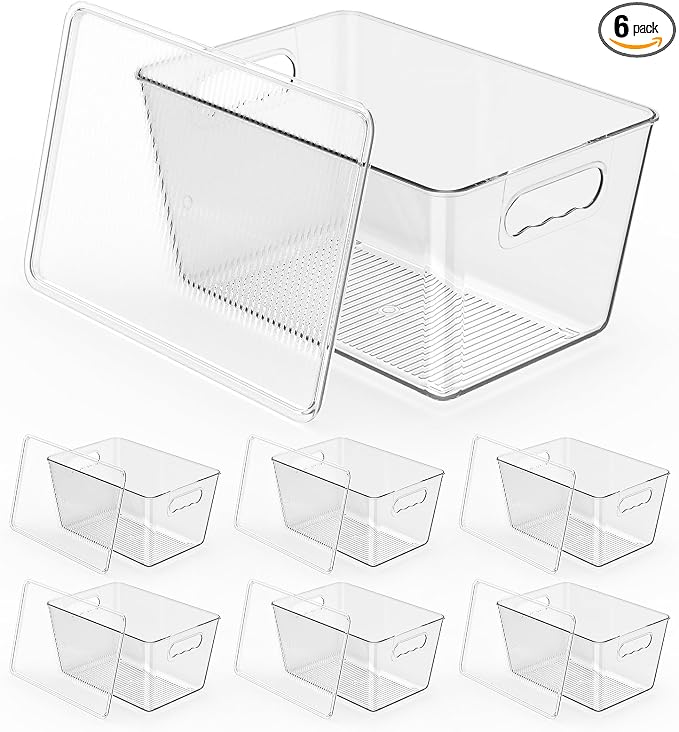 Clear Fridge Organizer with Handles & Lids, 6 Pack Large 11.5×7.5×6 Inch | Stackable Clear storage bins with handles, food organizer basket for kitchen, fridge, freezer by KJIXYUNG