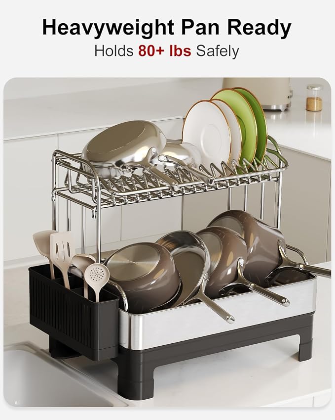 2 Tier Large Stainless Steel Dish Drying Rack with Drain Board | Space Saving, Rust Proof Metal, Automatic Drainage Drainer for Kitchen Counter, Modern Black and Silver for Pots and Pans - Image 8