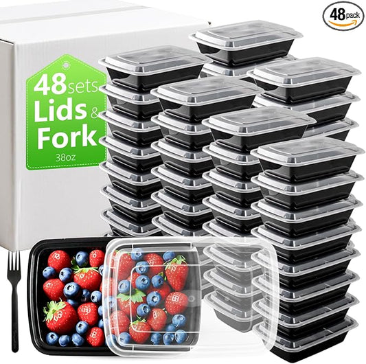 38oz Meal Prep Containers Bulk 48 Set with Forks and Lids - 1 Compartment Food Containers Leakproof Snack Container Reusable Food Storage Containers, Freezer Safe Plastic Lunch Take Out Box by NutriBox