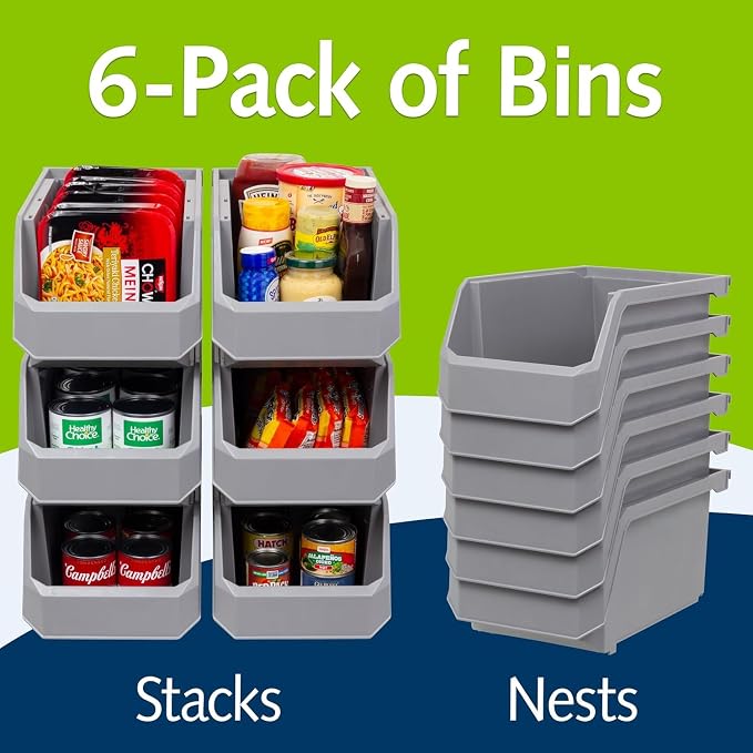 Large Stackable Plastic Storage Bins, 6-Pack, Grey | Open-Front Stackable Bins For Garage, Pantry, Closet & Office, 14,8"L X 8"W X 7"H, Nests When Empty, Durable Plastic, - Image 4