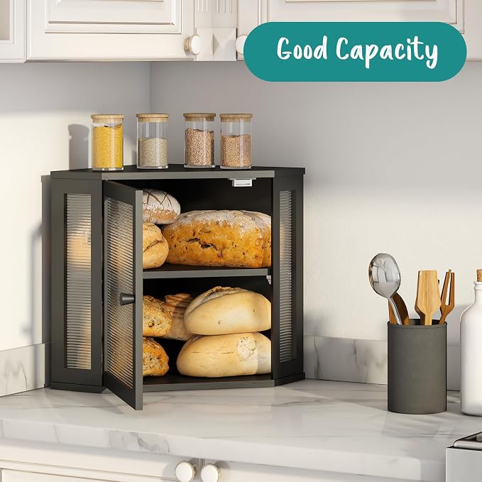 Corner Bread Box, Bamboo Bread Box for Kitchen Countertop, 2 Tier Wooden Bread Storage, Black - Image 2
