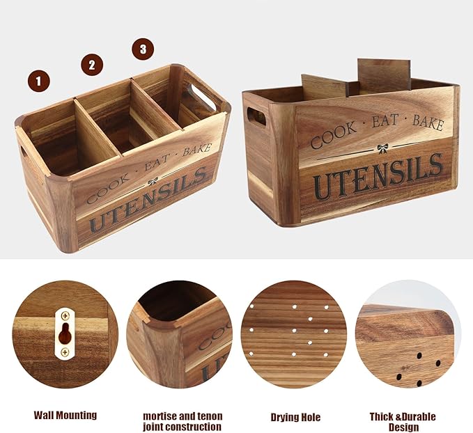 Utensil Holder for Kitchen Countertop - Extra Large 3 Compartment Wooden Organizer in Acacia Wood, Storage for Cooking Tools and Cutlery, Farmhouse Style for Home Cooking - Image 3