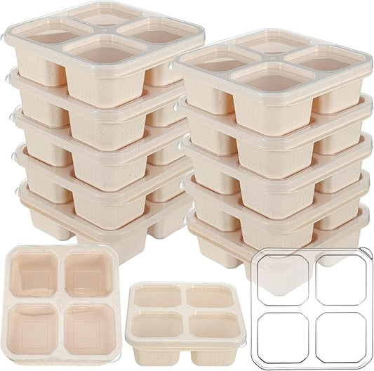 12 Pcs 4 Compartment Snack Containers, Reusable Divided Snack Containers with Lids Wheat Straw Meal Lunch Box, Plastic Food Storage Container for Meal Prep, Travel, Snacks, Fruits by Unknown