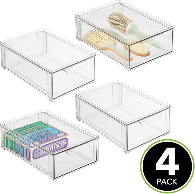 mDesign Plastic Stackable Bathroom Storage Organizer Bin with Pull Out Drawer for Cabinet, Vanity, Shelf, Cupboard, Cabinet, or Closet Organization - Lumiere Collection - 4 Pack - Clear - Image 4
