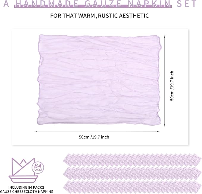 84 Packs Gauze Cheesecloth Napkins 20 x 20 Inch Lilac Wrinkled Dinner Napkins, Rustic Boho Soft Cloth Napkin for Wedding Party Event Dinner Table Decoration - Image 2