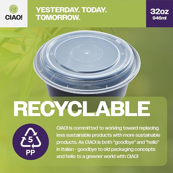 CIAO! Heavy Weight 32oz Injection Molded Microwavable Black Round Food Container with Lid (150/case) - Image 3