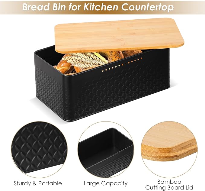 Bread Bin, Metal Bread Box with Bamboo Lid Usable as Cutting Board, Bread Storage Container Holder for Kitchen Countertop, 13 x 7 x 5.3 inch (Black) - Image 3