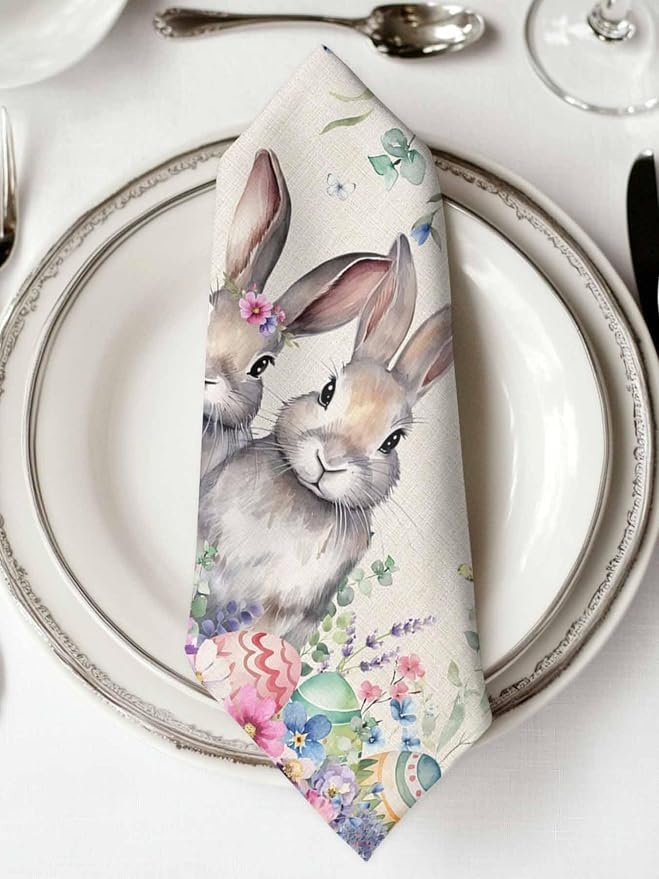 Dinner Cloth Napkins Set of 8, Spring Easter Washable Cocktail Cloth Napkins 20 x 20 Inch, Rustic Bunny Eggs Eucalyptus Leaves Botanical Reusable Table Napkins for Wedding Holiday Party - Image 3