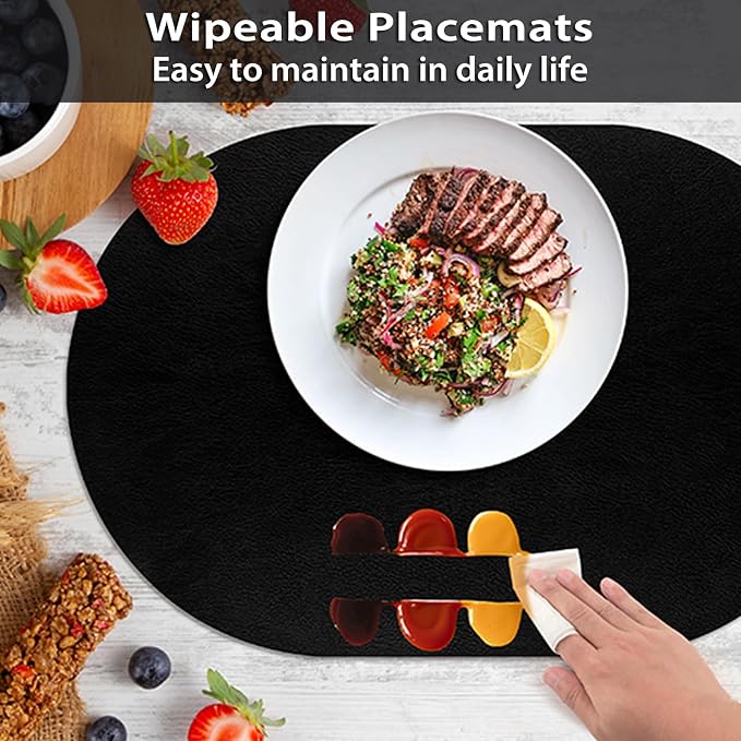 ADRIMER Placemats, Heat Resistant Oval Placemats Set of 4 Washable 12 x 17 Inch, Waterproof Table Mats, Wipeable Pu Place Mats for Kitchen, Dining Room, Black - Image 5
