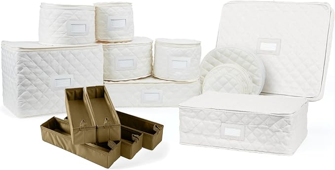 Covermates Keepsakes Dish Storage Set – Padded China & Dinnerware Storage Cases with Dividers, Cup & Stemware Storage, Quilted Polyester Protection, ID Window, Cream by Covermates