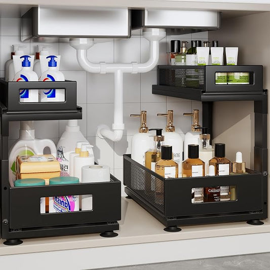 2 Pack Under Sink Organizer with Next-Gen Ball-Bearing Slides,2-Tier Pull Out Cabinet Storage,Height Adjustable Drawer Shelf for Bathroom,Kitchen,Laundry,Cabinet,Pantry(Patent Pending) by Corbyles