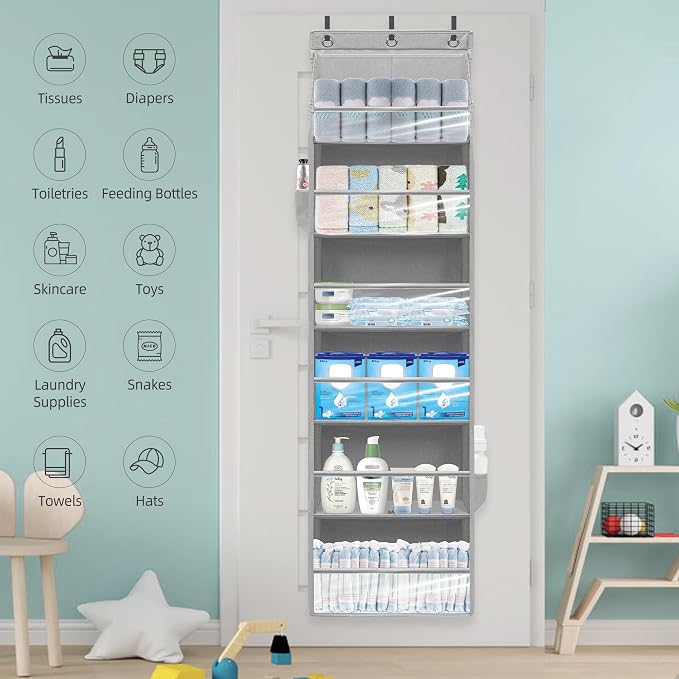 Over Door Organizer with 6 Extra Large Pockets and 12 Side Pockets, Large Capacity Hanging Storage Organizer with Clear Window for Shoes, Diapers, Grey, 6 Layers, 2-Pack - Image 7
