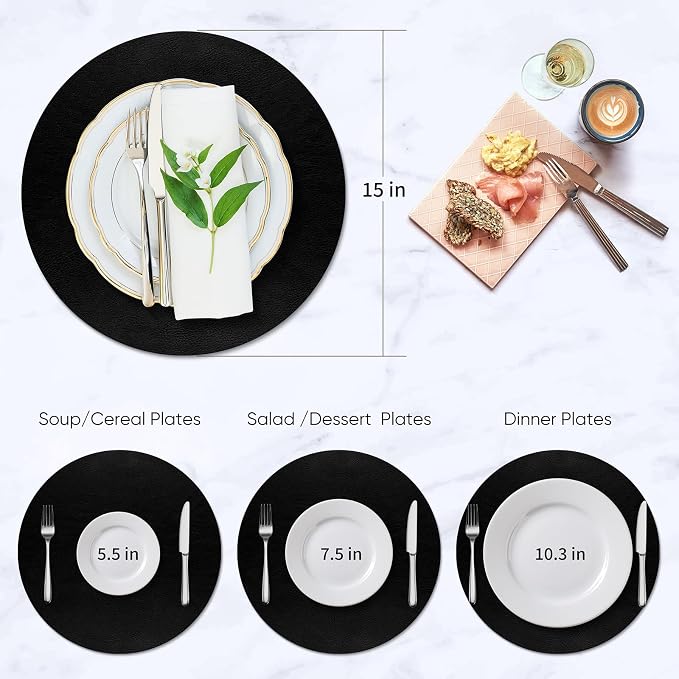 ADRIMER Placemats, Heat Resistant Round Placemats Set of 8 Washable, Waterproof Table Mats, Wipeable Faux Leather Place Mats for Kitchen, Dining Room, Black - Image 5