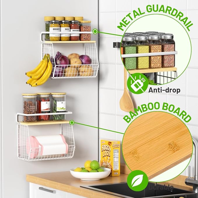 Magnetic Shelf for Fridge with Wood Lid, Fruit Potato and Onion Storage Bins, Pantry Organizers & Storage, Large Container Magnetic Spice Rack for Refrigerator, Kitchen Counter (White, 2) - Image 2