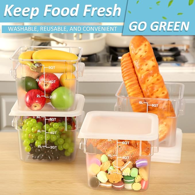 Yungyan 12 Pcs 6 Qt Commercial Food Storage Containers with white Lids Restaurant Square Airtight Food Storage Containers Clear Cereal Container for Kitchen Freezer Dishwasher Pantry - Image 4