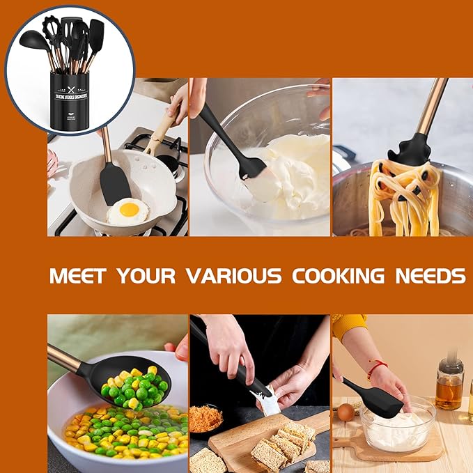 Silicone Cooking Utensil Set, Umite Chef Kitchen Utensils 15pcs Cooking Utensils Set Non-stick Silicone Rose Gold Handle Cooking Tools Whisk Kitchen Tools Set - Balck - Image 4
