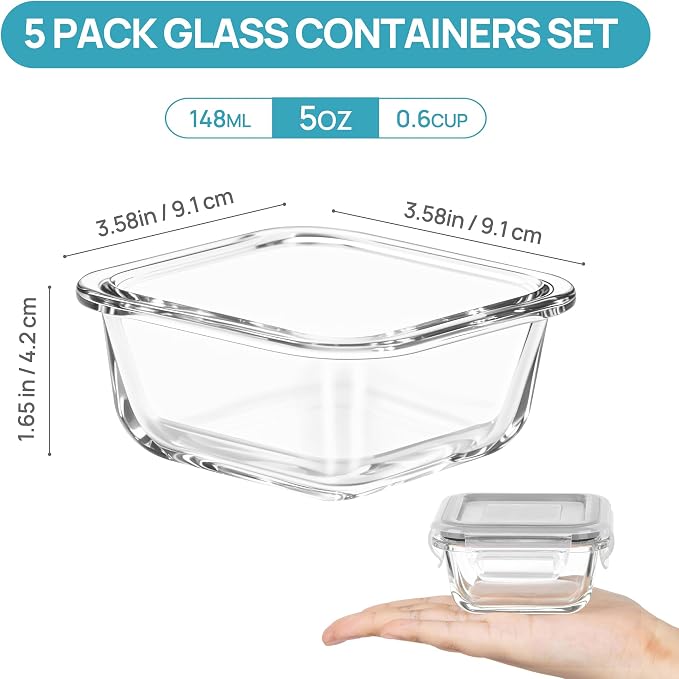 Vtopmart 5Pack 5oz Small Glass Storage Containers Set With Lids, Grey | Glass Meal Prep Food and Sauce Container Sets with Snap Airtight Lid for Microwave, Oven, Freezer and Dishwasher, BPA Free - Image 2