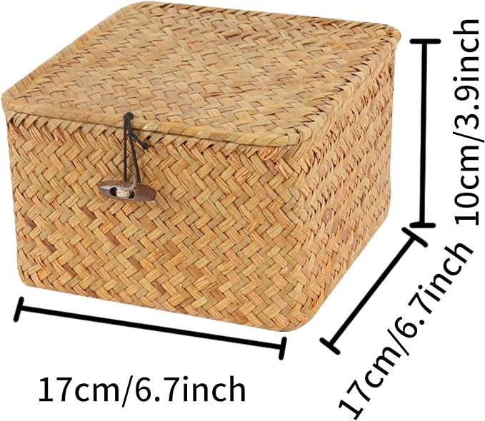 Moosky Wicker Shelf Baskets with Lid, Handwoven Seagrass Storage Basket Bins Square Gift Boxes for Shelves Home Decor Organizer (Natural, X-Small) - Image 4