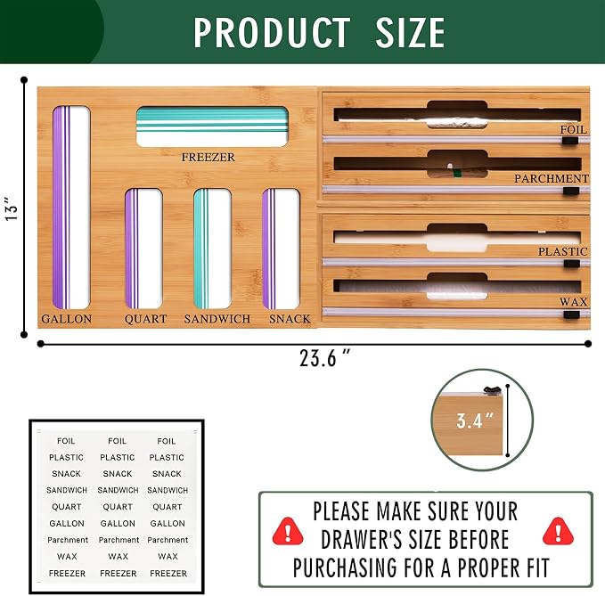 9 In 1 Storage Bag Organizer And Plastic Wrap Dispenser With Cutter, Bamboo Foil and Plastic Wrap Organizer - Image 3