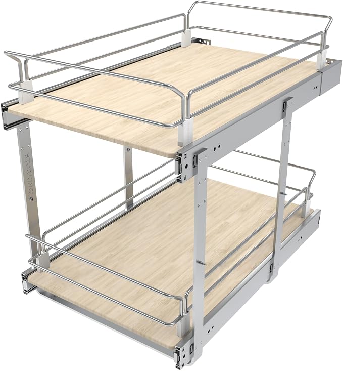 2 Tier Pull Out Cabinet Organizer 14.45" W X 22" D, Wood & Chromed | Full Slide Out Drawers For Kitchen Cabinets, Cabinets Capacity Heavy Duty Caddy, Cabinet Pullout Shelves , Pantry Storage by STORKING