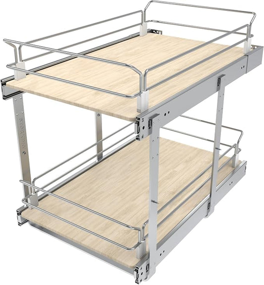 2 Tier Pull Out Cabinet Organizer 14.45" W X 22" D, Wood & Chromed | Full Slide Out Drawers For Kitchen Cabinets, Cabinets Capacity Heavy Duty Caddy, Cabinet Pullout Shelves , Pantry Storage by STORKING