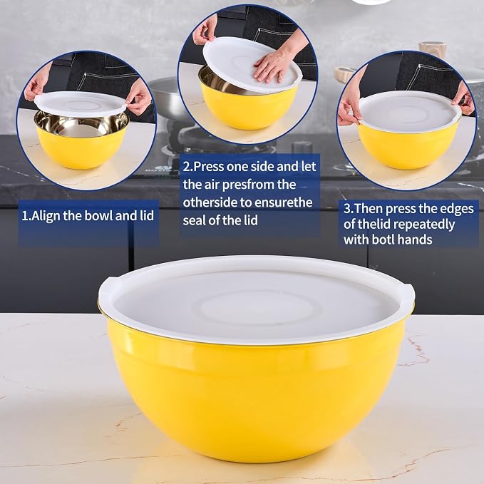 Yellow Mixing Bowls With Airtight Lids,Stainless Steel Bowl,Salad Bowls 7 Piece Colorful Nesting Bowl Yellow Kitchen Accessories,Size 7,3.6,2.7,2.1,1.5,1.1,0.8QT Stackable Design - Image 3