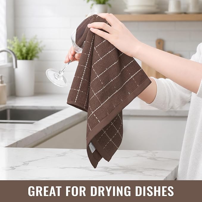 Kitinjoy 100% Cotton Terry Kitchen Towels, 13”x 28”, 6-Pack, Brown | Checkered Designed, Ultra Soft Absorbent Quick Drying Dish Towels - Image 6