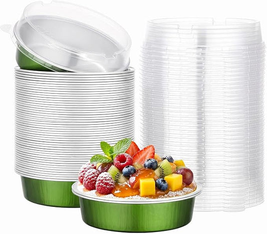 Beasea 4 Inch Mini Pie Tins with Lids, 50 Pack 7.3 oz Disposable Mini Tart Pans, Aluminum Foil Baking Cups Small Round Muffin Container Cheesecake Tins for Pie Tart Quiche - Avocado Green by Beasea