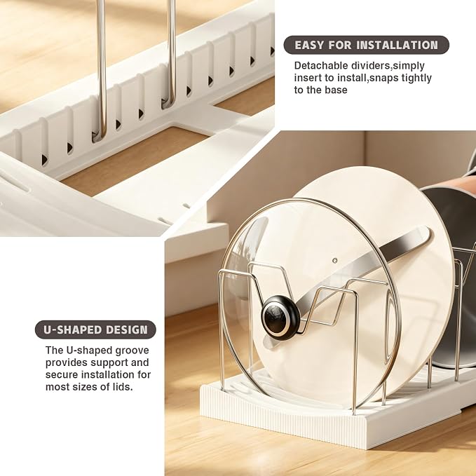 Magheo Pots and Pans Organizer Under Cabinet, Expandable 12.6"-22.8" Kitchen Cabinet Organizer Holder with 10 Adjustable Dividers for Food Storage Container Lid, Cookie Sheet, Cookware(1 Pack, White) - Image 5