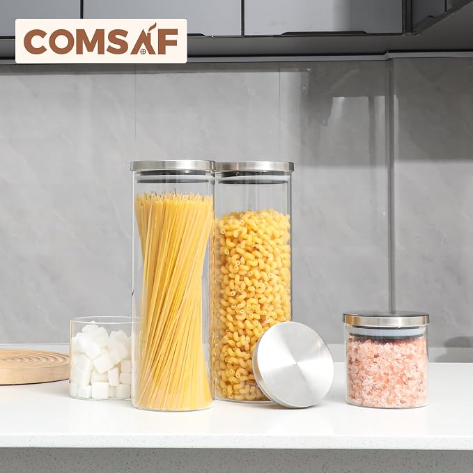 ComSaf Glass Food Storage Containers with Stainless Lids Set of 3, 70 OZ Clear Glass Jar with Airtight Lid, Tall Spaghetti Container, Glass Storage Jars for Pasta Rice Oats, Canister Set for Kitchen - Image 7