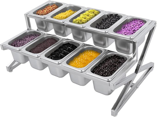 Expandable Stainless Steel Spice Rack Set,14"-25.6" Adjustable Countertop Seasoning Containers, 2-Tier Inclined Organizer Shelf w/ 10 1/9 Pans for Sauce Ingredients Fruits Toppings (10 Pans) by Okasiki