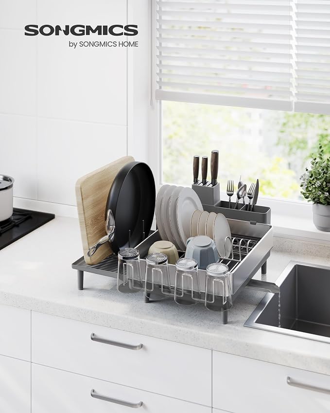 SONGMICS Large Dish Drying Rack, Expandable Dish Dryer for Kitchen Counter, Stainless Steel Dish Rack with Rotatable Spout, Utensil, Cup, Glass, Cutting Board, Pan Holders, Silver and Gray UKCS037G01 - Image 2