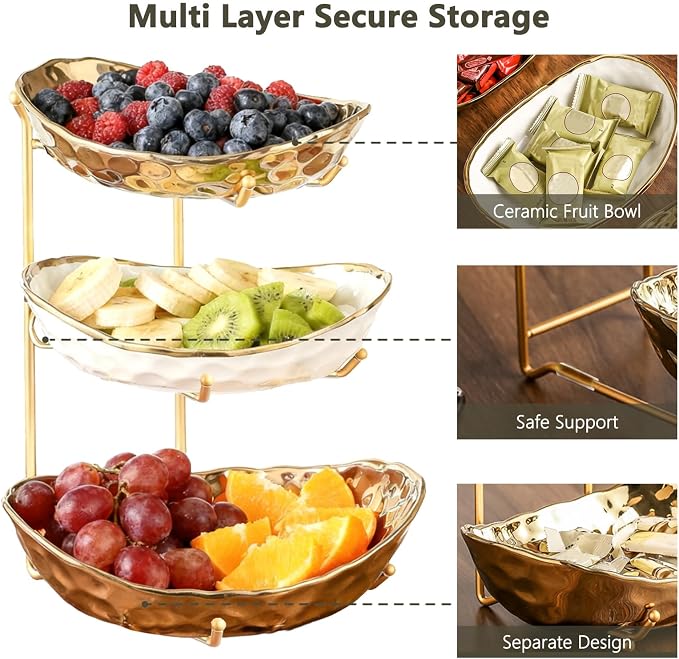 3 Tier Ceramic Fruit Bowl with Metal Stand - Kitchen Countertop Organizer for Fruits, Snacks, Desserts, Nuts, Candy Storage, Modern Serving Basket for Party, Dining & Home Decor - Image 4