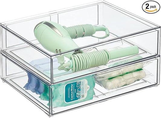 mDesign Wide Plastic Stackable Bathroom Storage Organizer Bin with Pull Out Drawer for Cabinet, Vanity, Shelf, Cupboard, Cabinet, Countertop, Closet Organization - Lumiere Collection - 2 Pack - Clear by mDesign