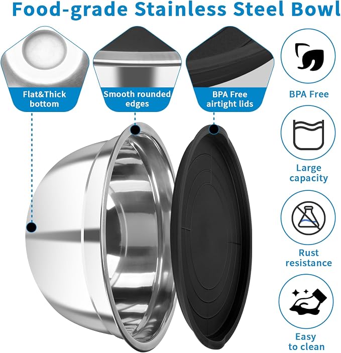 7 Pack Stainless Steel Mixing Bowls with Airtight Lids Set | 4.5qt, 4, 3.5, 2.1, 1.5, 1.1, 0.7QT, Nesting Design Metal Mixing Bowls Salad Bowl for Mixing, Prepping and Serving Food - Image 3