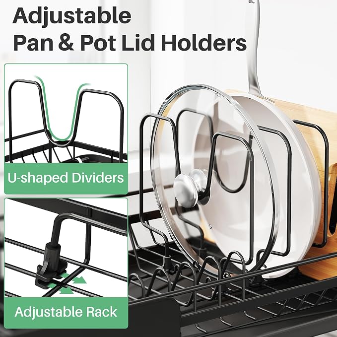 Large Expandable Dish Drying Rack for Kitchen Counter, 19.3-29.4 in, Black | Family Size Capacity, Adjustable Dividers for Pan, Lid & Cutting Board, Stainless Steel, Rotating Spout, Utensil Holder - Image 6