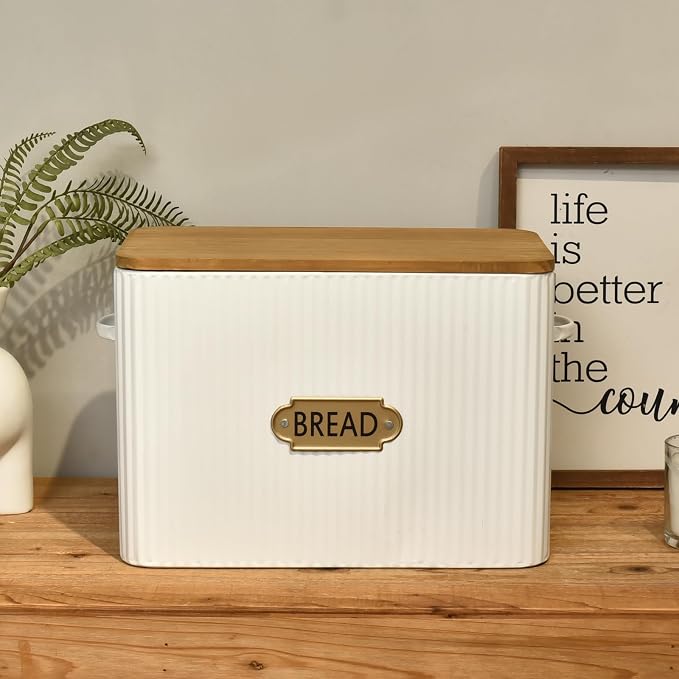 EMAX HOME Vertical Stripes Extra Large Space Saving Farmhouse Bread Box with Wood Lid - Holds 2 Loaves - White Vertical Breadbox Bread Storage Bin Holder for Kitchen Countertop - Image 4