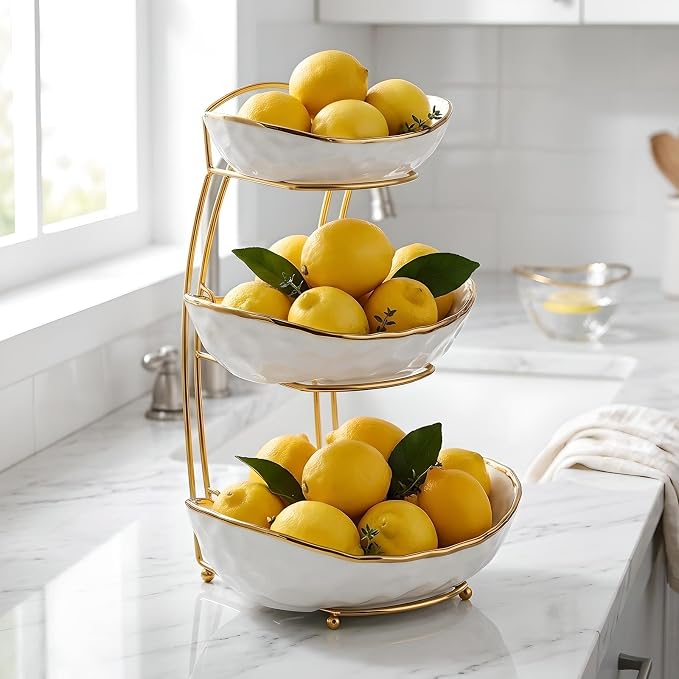 XUDREZ 2 Tier/ 3 Tier Fruit Bowl with Metal Stand for Kitchen Counter, Ceramic Gold Silver White, Portable Tiered Fruit Basket Fruit Rack for Nuts, Snacks, Bread, Candy Storage (White A, 3 Tier) - Image 4