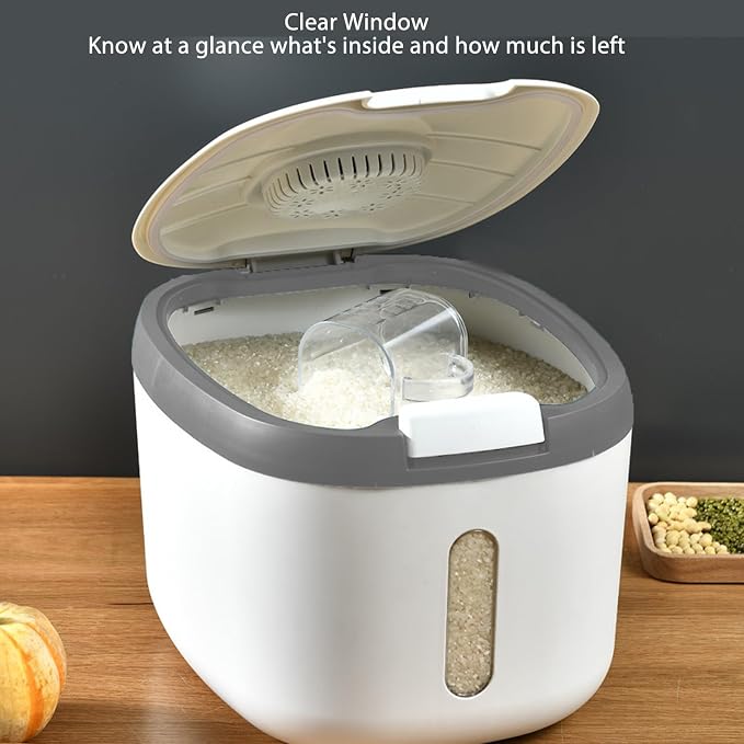 Rice Storage Container, Large Capacity Food Storage Container, Airtight Food Storage Container with Measuring Cup, Covered Rice Bucket, Cereal Dispenser Bin for Grains Nuts Flour(M Gray (10kg/22.0lb)) - Image 6