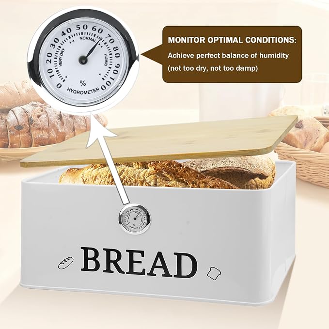 White Bread Box for Kitchen Countertop with Bamboo lid, Hygrometer Kitchen Organizer for Sourdough, Buns, and Loaves, Bread Storage Container - Image 4