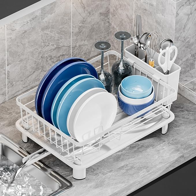 Dish Drying Rack, Stainless Steel-Dish Rack, (White-11 W x 15" L) | Dish Racks for Kitchen Counter, Kitchen Dish Drainers with Removable Utensil Holder,New drain outlet, by GAOKASE
