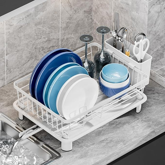 Dish Drying Rack, Stainless Steel-Dish Rack, (White-11 W x 15" L) | Dish Racks for Kitchen Counter, Kitchen Dish Drainers with Removable Utensil Holder,New drain outlet, by GAOKASE