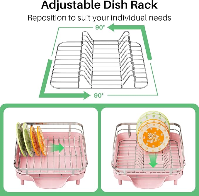 SAYZH Expandable Dish Drying Rack for Small Kitchen Counter, Pink | Stainless Steel, Protective Guardrail, Angled Drainboard, Fits High-Rim Sinks, Removable Utensil Holder - Image 7