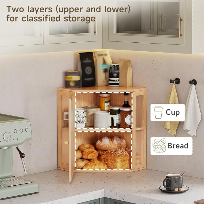Corner Bread Box for Kitchen Countertop,Bread Storage(Natural, Extra Large) | Double Layer Large Capacity Bamboo Bread Container Bin with Acrylic Door,Height Adjustable - Image 4