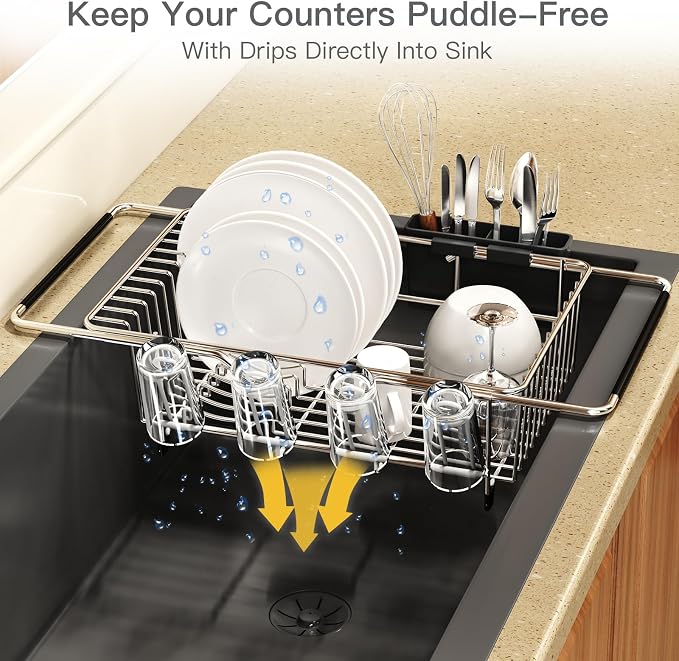 Dish Drying Rack Over The Sink with Adjustable Utensil Holder | Expandable Stainless Steel Dish Drainer for Small Kitchen, Apartment, RV, Counter Space Saving, Perfect Fit, Rustproof - Image 8