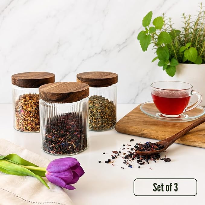 Mason & Fable Ribbed Glass Jar with Wooden Lid 17oz, Set of 3 | Airtight Fluted Storage Canisters for Food, Tea, Coffee, Candy/Spice | Organization Canisters for Home & Kitchen - Image 2