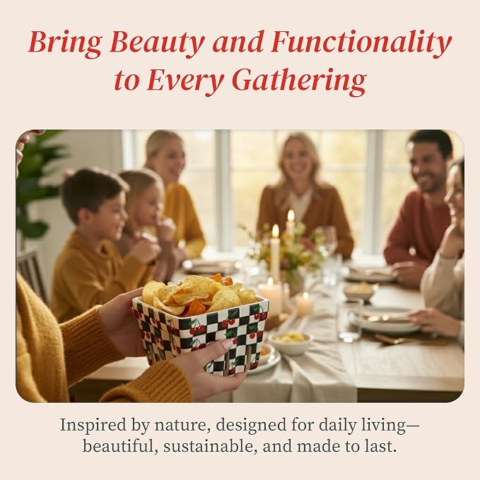 Ceramic Berry Baskets Set of 4, Checkered Fruit Colanders | Black and white checkered with red cherry pattern, stoneware, dishwasher safe, drains and stores berries, farmhouse kitchen - Image 3