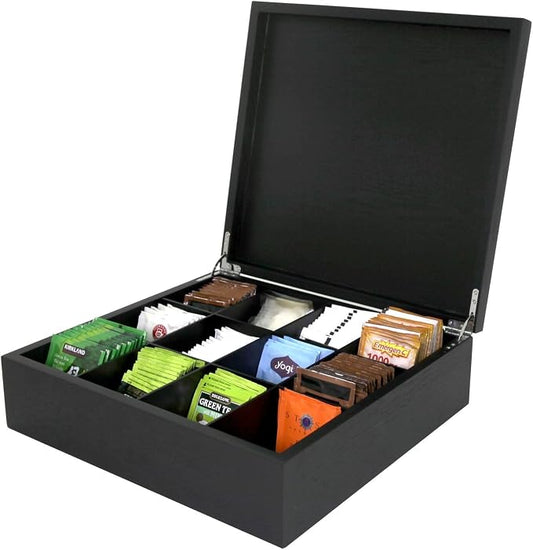 Tea Box Wood Storage Organizer Tea Bags 250+, 12 Compartments by Tech+Swiss